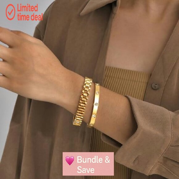 18K Gold Plated Link Bracelet Set, Stainless Steel with Adjust Tool - Picture 4 of 8